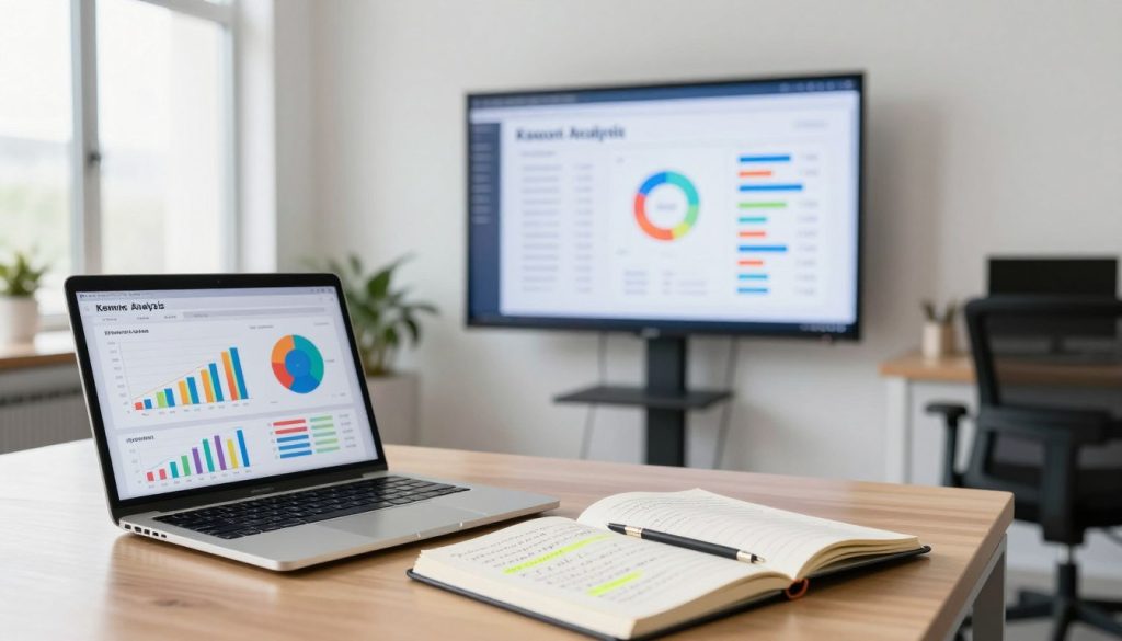 A clear, modern workspace showcasing a digital presentation of keyword analysis metrics. In the foreground, a sleek laptop displaying colorful graphs and charts related to SEO keyword performance, alongside an open notebook filled with handwritten notes and highlights. In the middle, a professional setting with a large screen on the wall showing a summary of keyword search volume and competition. The background features a bright, well-lit office with large windows letting in natural light, enhancing a productive atmosphere. Soft shadows add depth to the scene. The composition is shot from a slightly elevated angle to capture the entire setup, conveying focus and organization. The color palette is vibrant yet professional, reflecting innovation and analysis. A clear, modern workspace showcasing a digital presentation of keyword analysis metrics. In the foreground, a sleek laptop displaying colorful graphs and charts related to SEO keyword performance, alongside an open notebook filled with handwritten notes and highlights. In the middle, a professional setting with a large screen on the wall showing a summary of keyword search volume and competition. The background features a bright, well-lit office with large windows letting in natural light, enhancing a productive atmosphere. Soft shadows add depth to the scene. The composition is shot from a slightly elevated angle to capture the entire setup, conveying focus and organization. The color palette is vibrant yet professional, reflecting innovation and analysis.
