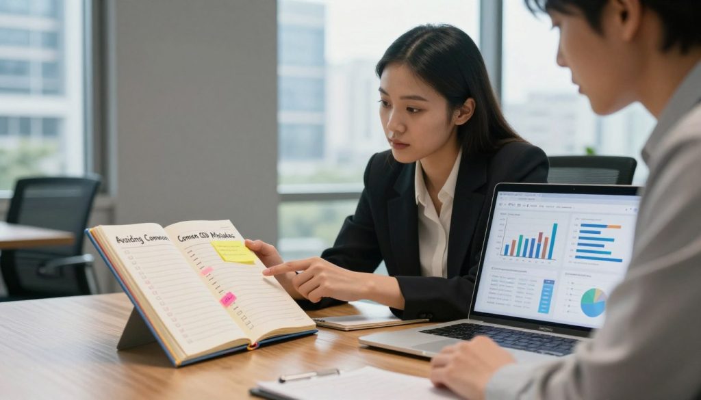 A contemporary office setting with a visual representation of off-page SEO tips. In the foreground, a polished wooden desk holds a laptop displaying graphs and analytics related to SEO performance. To the left, a vibrant, open notebook is filled with colorful notes and checklists titled “Avoiding Common SEO Mistakes.” In the middle ground, a professional woman in business attire, focused and engaged, is discussing strategies with a colleague, pointing at the notebook. The background features a large window with natural light pouring in, showcasing a bustling cityscape outside. Soft, ambient lighting creates a productive vibe, while the overall atmosphere conveys seriousness and collaboration, perfect for conveying the importance of off-page SEO practices without pushing mistakes. A contemporary office setting with a visual representation of off-page SEO tips. In the foreground, a polished wooden desk holds a laptop displaying graphs and analytics related to SEO performance. To the left, a vibrant, open notebook is filled with colorful notes and checklists titled “Avoiding Common SEO Mistakes.” In the middle ground, a professional woman in business attire, focused and engaged, is discussing strategies with a colleague, pointing at the notebook. The background features a large window with natural light pouring in, showcasing a bustling cityscape outside. Soft, ambient lighting creates a productive vibe, while the overall atmosphere conveys seriousness and collaboration, perfect for conveying the importance of off-page SEO practices without pushing mistakes.