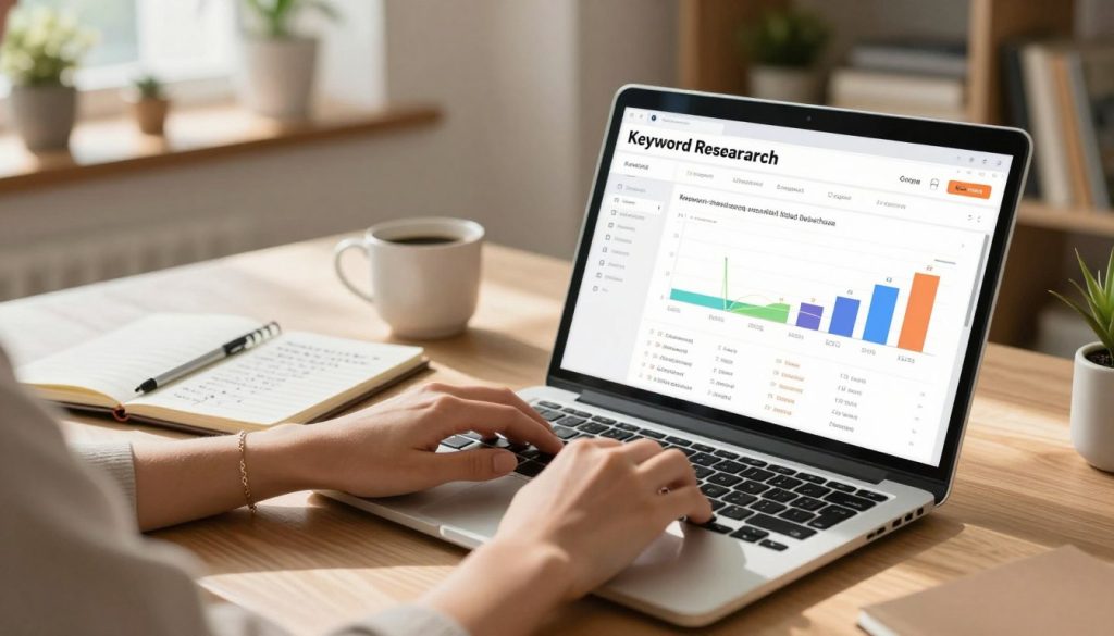 A cozy, modern workspace featuring an organized desk with a laptop open to a keyword research tool interface, displaying colorful graphs and lists of keywords. In the foreground, a pair of hands, adorned with minimal jewelry, are typing on the laptop. The middle ground includes a notepad filled with handwritten notes and a coffee cup, exuding a sense of productivity. The background showcases a well-lit room with potted plants and bookshelves, creating a warm atmosphere. Soft sunlight streams in from a window, casting gentle shadows that enhance the inviting mood. This scene captures the essence of conducting effective keyword research for blog post SEO tips, focusing on professionalism and clarity. A cozy, modern workspace featuring an organized desk with a laptop open to a keyword research tool interface, displaying colorful graphs and lists of keywords. In the foreground, a pair of hands, adorned with minimal jewelry, are typing on the laptop. The middle ground includes a notepad filled with handwritten notes and a coffee cup, exuding a sense of productivity. The background showcases a well-lit room with potted plants and bookshelves, creating a warm atmosphere. Soft sunlight streams in from a window, casting gentle shadows that enhance the inviting mood. This scene captures the essence of conducting effective keyword research for blog post SEO tips, focusing on professionalism and clarity.