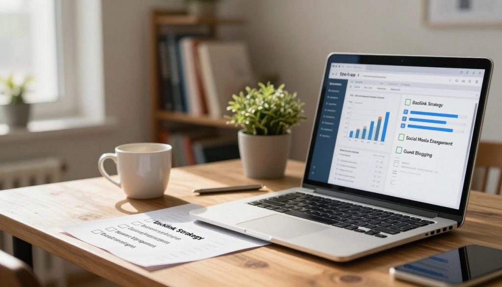 A detailed off-page SEO checklist displayed prominently on a wooden desk, with items like "Backlink Strategy", "Social Media Engagement", and "Guest Blogging" clearly outlined with checkboxes next to each. In the foreground, a laptop open to a web analytics dashboard shows graphs and statistics, symbolizing digital strategy. The middle ground features a coffee cup and a potted plant, enhancing a cozy, productive workspace atmosphere. The background is softly blurred, showcasing books on digital marketing and SEO techniques on a bookshelf. Soft, natural lighting filters in from a window, casting gentle shadows and creating a warm, inviting tone. The overall mood is focused, professional, and inspiring for beginners in the field of off-page SEO. A detailed off-page SEO checklist displayed prominently on a wooden desk, with items like "Backlink Strategy", "Social Media Engagement", and "Guest Blogging" clearly outlined with checkboxes next to each. In the foreground, a laptop open to a web analytics dashboard shows graphs and statistics, symbolizing digital strategy. The middle ground features a coffee cup and a potted plant, enhancing a cozy, productive workspace atmosphere. The background is softly blurred, showcasing books on digital marketing and SEO techniques on a bookshelf. Soft, natural lighting filters in from a window, casting gentle shadows and creating a warm, inviting tone. The overall mood is focused, professional, and inspiring for beginners in the field of off-page SEO.