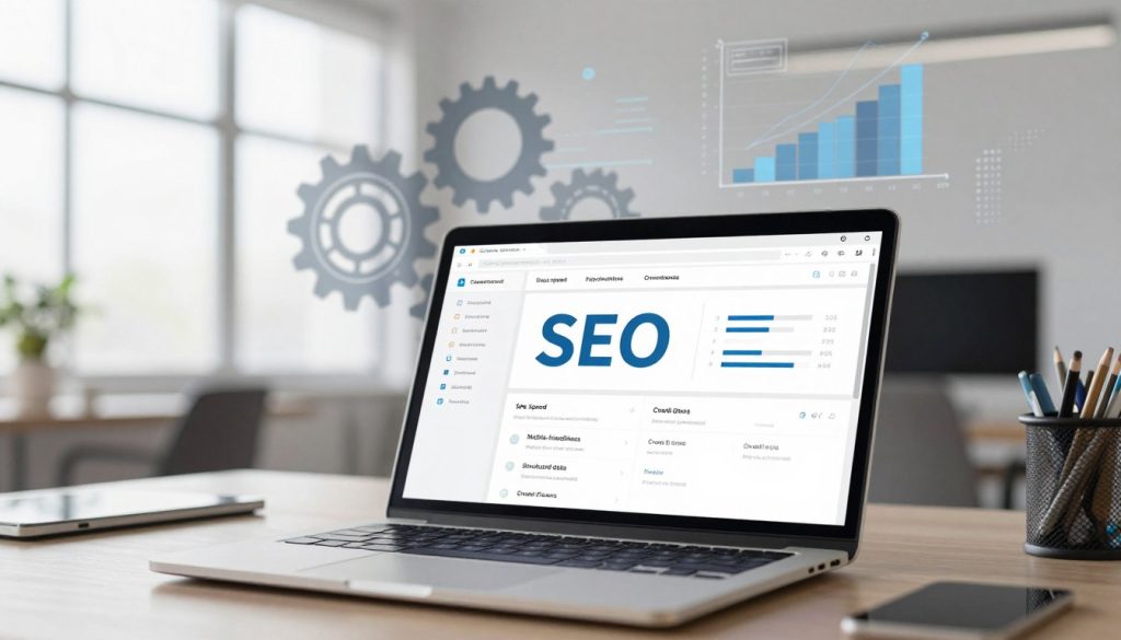 A dynamic and informative illustration depicting essential technical SEO elements for a modern website. In the foreground, showcase a detailed laptop screen displaying a sleek, organized SEO dashboard highlighting key metrics, such as site speed, mobile-friendliness, structured data, and crawl errors. In the middle ground, integrate visual elements like gears and graphs symbolizing optimization processes and data analysis. The background features a minimalist office setting with a subtle high-tech vibe, illuminated by soft, natural light coming through large windows. The camera angle should be slightly elevated, capturing both the laptop and the surrounding workspace, conveying a mood of professionalism and focus. Ensure no text or identifiable logos are included in the image. A dynamic and informative illustration depicting essential technical SEO elements for a modern website. In the foreground, showcase a detailed laptop screen displaying a sleek, organized SEO dashboard highlighting key metrics, such as site speed, mobile-friendliness, structured data, and crawl errors. In the middle ground, integrate visual elements like gears and graphs symbolizing optimization processes and data analysis. The background features a minimalist office setting with a subtle high-tech vibe, illuminated by soft, natural light coming through large windows. The camera angle should be slightly elevated, capturing both the laptop and the surrounding workspace, conveying a mood of professionalism and focus. Ensure no text or identifiable logos are included in the image.