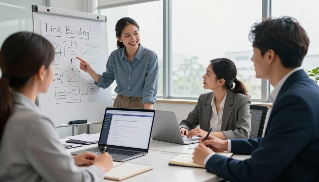A dynamic office setting with two professionals engaged in a friendly discussion at a modern desk, surrounded by digital marketing materials. In the foreground, a diverse group of individuals is shown brainstorming link building ideas on a whiteboard filled with strategy diagrams. In the middle ground, a laptop displays email outreach drafts, while open notebooks reveal ideas and contact lists. The background features large windows with soft, natural light streaming in, creating a warm and inviting atmosphere. The professionals are dressed in smart business attire, with one pointing to the whiteboard while the other takes notes. Capture the spirit of collaboration and positive communication in this link building context, using a slightly angled perspective to emphasize teamwork and innovation. A dynamic office setting with two professionals engaged in a friendly discussion at a modern desk, surrounded by digital marketing materials. In the foreground, a diverse group of individuals is shown brainstorming link building ideas on a whiteboard filled with strategy diagrams. In the middle ground, a laptop displays email outreach drafts, while open notebooks reveal ideas and contact lists. The background features large windows with soft, natural light streaming in, creating a warm and inviting atmosphere. The professionals are dressed in smart business attire, with one pointing to the whiteboard while the other takes notes. Capture the spirit of collaboration and positive communication in this link building context, using a slightly angled perspective to emphasize teamwork and innovation.