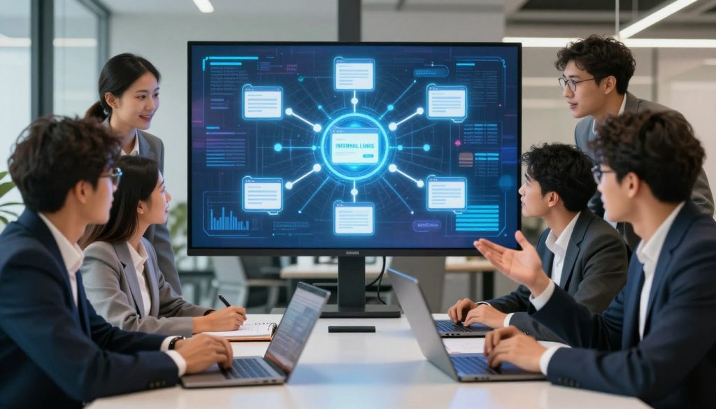 A dynamic visual representation of the benefits of internal linking in digital marketing. In the foreground, a diverse group of professionals, dressed in smart business attire, gathers around a sleek table filled with laptops and notepads, actively discussing internal linking strategies. In the middle, a vibrant infographic of interconnected nodes representing web pages gleams on a digital screen, illustrating the flow of authority and improved search rankings. The background features a modern office environment with soft, professional lighting that enhances collaboration and innovation. The overall mood is one of excitement and strategic thinking, emphasizing the importance of a robust internal linking strategy in achieving online success. The lens is slightly angled to create depth, focusing on the interaction between the team and the informative display. A dynamic visual representation of the benefits of internal linking in digital marketing. In the foreground, a diverse group of professionals, dressed in smart business attire, gathers around a sleek table filled with laptops and notepads, actively discussing internal linking strategies. In the middle, a vibrant infographic of interconnected nodes representing web pages gleams on a digital screen, illustrating the flow of authority and improved search rankings. The background features a modern office environment with soft, professional lighting that enhances collaboration and innovation. The overall mood is one of excitement and strategic thinking, emphasizing the importance of a robust internal linking strategy in achieving online success. The lens is slightly angled to create depth, focusing on the interaction between the team and the informative display.