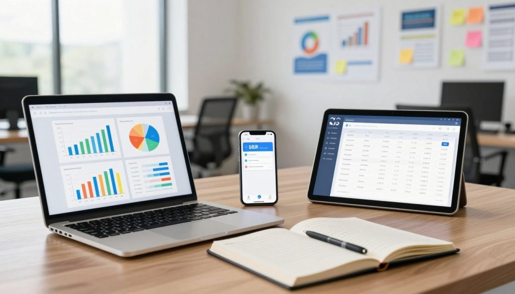 A dynamic workspace scene showcasing various SEO tracking and measurement tools in action. In the foreground, a sleek laptop displays colorful graphs and analytics dashboards, while an open notebook with neatly written notes sits beside it. In the middle, a smartphone shows notifications from SEO apps, and a tablet presents a keyword ranking report. The background features a modern office with soft, diffused lighting creating a focused atmosphere. Large windows let in natural light, illuminating the space. An organized wall with post-it notes and charts serves as a visual representation of SEO strategies. The mood is productive and collaborative, emphasizing the importance of data-driven decision-making in SEO optimization. The composition should be clean and professional, with all items neatly arranged.