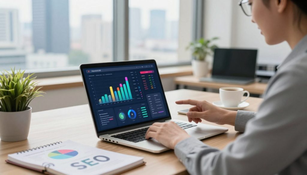 A modern office workspace focused on SEO title optimization, featuring a sleek laptop displaying a colorful digital dashboard with graphs and keyword analyses. In the foreground, a professional clad in business attire analyzes the screen, surrounded by SEO-related tools like notebooks and charts. The middle layer includes a desk with a stylish plant and a cup of coffee, creating a productive atmosphere. The background showcases a bright window with a city skyline, allowing natural light to filter through, enhancing the mood of innovation and focus. The image is composed with a slight depth-of-field effect, drawing attention to the laptop and the professional, while soft lighting creates a warm and inviting ambiance, emphasizing the importance of SEO strategy. A modern office workspace focused on SEO title optimization, featuring a sleek laptop displaying a colorful digital dashboard with graphs and keyword analyses. In the foreground, a professional clad in business attire analyzes the screen, surrounded by SEO-related tools like notebooks and charts. The middle layer includes a desk with a stylish plant and a cup of coffee, creating a productive atmosphere. The background showcases a bright window with a city skyline, allowing natural light to filter through, enhancing the mood of innovation and focus. The image is composed with a slight depth-of-field effect, drawing attention to the laptop and the professional, while soft lighting creates a warm and inviting ambiance, emphasizing the importance of SEO strategy.