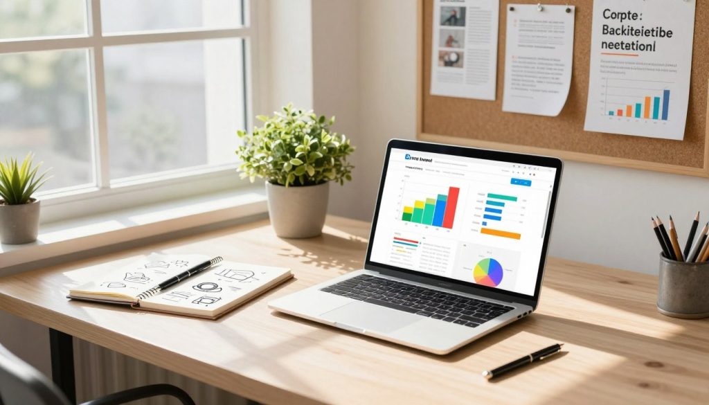 A modern, stylish office workspace filled with inspirational elements for content creation. In the foreground, a laptop displaying a website dashboard with colorful graphs and analytics, alongside a notepad filled with ideas and a stylish pen. In the middle, a large, bright window letting in natural light, casting soft shadows on the minimalist wooden desk. A plant adds a touch of greenery, enhancing the inviting atmosphere. In the background, a bulletin board adorned with pinned articles, charts, and backlink strategies. The overall mood should be vibrant and motivating, with warm lighting to evoke creativity and focus in a professional setting. The composition should have a slight top-down angle to emphasize the workspace. A modern, stylish office workspace filled with inspirational elements for content creation. In the foreground, a laptop displaying a website dashboard with colorful graphs and analytics, alongside a notepad filled with ideas and a stylish pen. In the middle, a large, bright window letting in natural light, casting soft shadows on the minimalist wooden desk. A plant adds a touch of greenery, enhancing the inviting atmosphere. In the background, a bulletin board adorned with pinned articles, charts, and backlink strategies. The overall mood should be vibrant and motivating, with warm lighting to evoke creativity and focus in a professional setting. The composition should have a slight top-down angle to emphasize the workspace.
