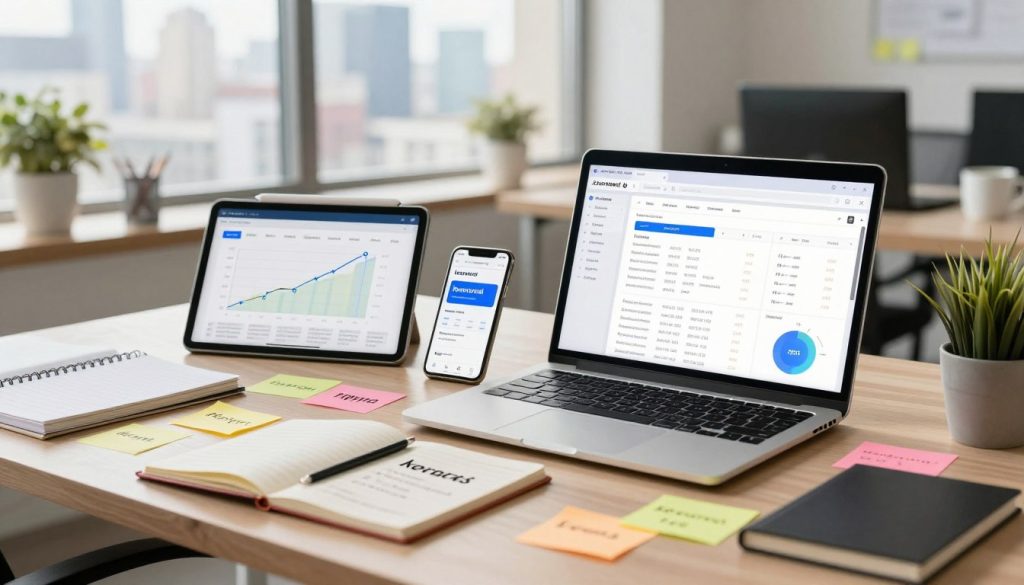 A modern workspace mirroring the essence of digital marketing, centered around an elaborate desk with various keyword research tools. In the foreground, a sleek laptop displaying a vibrant keyword analytics dashboard, surrounded by an assortment of notepads and colorful sticky notes with keyword ideas. In the middle ground, a tablet showing a graph of search volume trends, alongside a smartphone featuring a keyword tool app. The background features a bright, well-organized office with a window revealing a city skyline, infused with natural light pouring in. The atmosphere is one of innovation and productivity, evoking excitement for learning and mastering keyword research. The image is captured with a shallow depth of field to emphasize the tools, using soft, warm lighting to create an inviting environment.