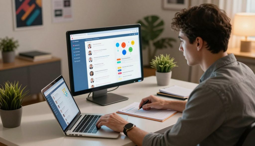 A professional digital marketing expert, dressed in smart casual attire, is sitting at a sleek desk filled with a laptop and notes, actively participating in an online forum discussion. In the foreground, the expert is typing on the laptop, emphasizing engagement in vibrant online communities. The middle ground showcases the glowing screen displaying various forum threads, each filled with colorful icons of people interacting, sharing insights, and exchanging ideas. The background features a well-organized workspace with motivational posters, potted plants, and subtle ambient lighting, creating a collaborative atmosphere. Soft, warm light illuminates the scene, creating an inviting and inspiring mood. The camera angle captures a slight overhead perspective, offering a sense of focus and involvement in the dynamic world of forum marketing. A professional digital marketing expert, dressed in smart casual attire, is sitting at a sleek desk filled with a laptop and notes, actively participating in an online forum discussion. In the foreground, the expert is typing on the laptop, emphasizing engagement in vibrant online communities. The middle ground showcases the glowing screen displaying various forum threads, each filled with colorful icons of people interacting, sharing insights, and exchanging ideas. The background features a well-organized workspace with motivational posters, potted plants, and subtle ambient lighting, creating a collaborative atmosphere. Soft, warm light illuminates the scene, creating an inviting and inspiring mood. The camera angle captures a slight overhead perspective, offering a sense of focus and involvement in the dynamic world of forum marketing.