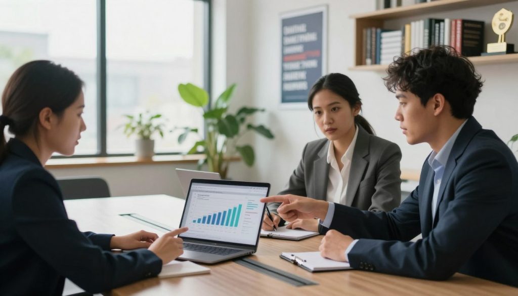 A professional networking scene focused on building backlinks, featuring a diverse group of three individuals engaged in a lively discussion around a sleek modern conference table. In the foreground, one person is enthusiastically pointing at a laptop screen displaying a digital marketing chart, while the other two, dressed in business attire, listen attentively, taking notes. The middle ground features a bright, open office space with large windows letting in natural light, plants for a touch of greenery, and motivational posters on the walls. The background subtly displays bookshelves filled with industry-related books and awards. The atmosphere is collaborative and dynamic, evoking a sense of innovation and teamwork, captured with soft lighting and a slightly elevated angle to emphasize the engagement amongst participants. A professional networking scene focused on building backlinks, featuring a diverse group of three individuals engaged in a lively discussion around a sleek modern conference table. In the foreground, one person is enthusiastically pointing at a laptop screen displaying a digital marketing chart, while the other two, dressed in business attire, listen attentively, taking notes. The middle ground features a bright, open office space with large windows letting in natural light, plants for a touch of greenery, and motivational posters on the walls. The background subtly displays bookshelves filled with industry-related books and awards. The atmosphere is collaborative and dynamic, evoking a sense of innovation and teamwork, captured with soft lighting and a slightly elevated angle to emphasize the engagement amongst participants.