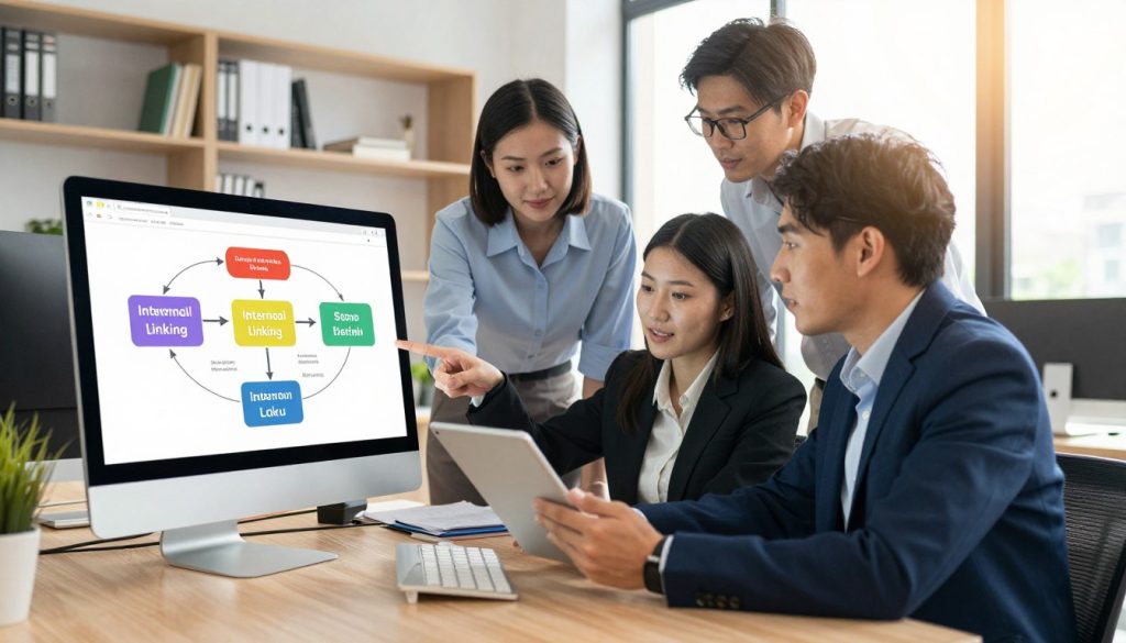 A professional, vibrant office workspace showcasing best practices for effective internal linking. In the foreground, a sleek computer monitor displays a colorful flowchart illustrating an internal linking structure with arrows connecting various web pages. In the middle, a diverse team of three professionals dressed in smart business attire actively discusses the diagram, pointing at key link strategies and collaborating on a digital tablet. The background features bright, inviting shelves filled with books on SEO and digital marketing. Soft, natural light streams in through large windows, casting a warm glow over the scene. The atmosphere is focused and innovative, emphasizing teamwork and strategic thinking for improved search rankings. A professional, vibrant office workspace showcasing best practices for effective internal linking. In the foreground, a sleek computer monitor displays a colorful flowchart illustrating an internal linking structure with arrows connecting various web pages. In the middle, a diverse team of three professionals dressed in smart business attire actively discusses the diagram, pointing at key link strategies and collaborating on a digital tablet. The background features bright, inviting shelves filled with books on SEO and digital marketing. Soft, natural light streams in through large windows, casting a warm glow over the scene. The atmosphere is focused and innovative, emphasizing teamwork and strategic thinking for improved search rankings.