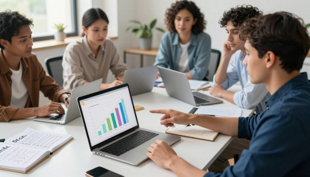 A professional workspace scene focusing on blog post optimization for SEO. In the foreground, a laptop displays a colorful graph indicating website traffic growth, surrounded by notepads with handwritten notes about keyword strategy and content ideas. In the middle, a diverse group of professionals, dressed in smart casual attire, collaborate around a large table, discussing content creation. One person points at the laptop screen, while another takes notes. In the background, a bright, modern office with large windows allows natural light to spill in, creating an inviting atmosphere. Soft shadows add depth. The composition should evoke focus, creativity, and collaboration in digital marketing. The angle is slightly high, providing an overview of the engaging scene. A professional workspace scene focusing on blog post optimization for SEO. In the foreground, a laptop displays a colorful graph indicating website traffic growth, surrounded by notepads with handwritten notes about keyword strategy and content ideas. In the middle, a diverse group of professionals, dressed in smart casual attire, collaborate around a large table, discussing content creation. One person points at the laptop screen, while another takes notes. In the background, a bright, modern office with large windows allows natural light to spill in, creating an inviting atmosphere. Soft shadows add depth. The composition should evoke focus, creativity, and collaboration in digital marketing. The angle is slightly high, providing an overview of the engaging scene.