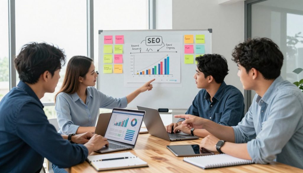 A professional workspace scene showcasing a content optimization process for search engines. In the foreground, a diverse group of three professionals, two men and one woman, are gathered around a large wooden table filled with laptops, notebooks, and digital tablets. They are dressed in business casual attire, deeply engaged in discussion, pointing at graphs and charts on their devices. In the middle ground, a whiteboard covered with colorful post-it notes and SEO strategies illustrates key concepts like keyword research and user engagement metrics. The background features a bright, modern office with large windows, allowing natural light to flood the room, enhancing the atmosphere of collaboration and innovation. The overall mood is focused and productive, capturing the essence of teamwork in optimizing content for SEO. A professional workspace scene showcasing a content optimization process for search engines. In the foreground, a diverse group of three professionals, two men and one woman, are gathered around a large wooden table filled with laptops, notebooks, and digital tablets. They are dressed in business casual attire, deeply engaged in discussion, pointing at graphs and charts on their devices. In the middle ground, a whiteboard covered with colorful post-it notes and SEO strategies illustrates key concepts like keyword research and user engagement metrics. The background features a bright, modern office with large windows, allowing natural light to flood the room, enhancing the atmosphere of collaboration and innovation. The overall mood is focused and productive, capturing the essence of teamwork in optimizing content for SEO.