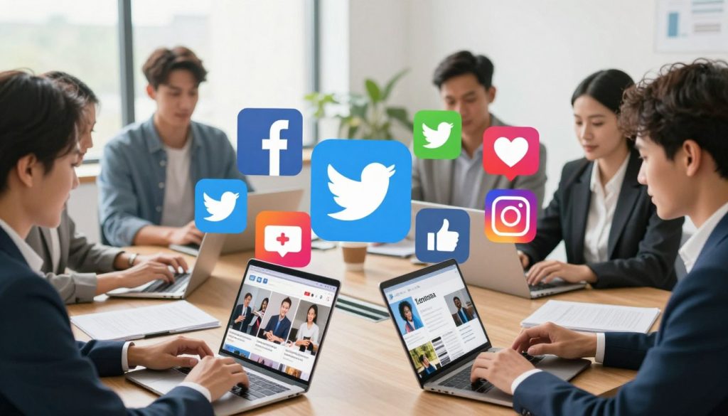 A vibrant social media scene depicting professionals actively engaging on various platforms. In the foreground, a diverse group of individuals dressed in smart casual attire, each interacting with a device—laptops and smartphones showcasing visually appealing social media posts. The middle ground features iconic logos of popular social media platforms like Facebook, Twitter, and Instagram, skillfully blended among colorful graphics symbolizing likes, shares, and comments. In the background, a modern office setting with bright, natural light streaming through large windows, creating an inviting atmosphere. A sense of collaboration and dynamism is conveyed, capturing the essence of off-page SEO through social media engagement. The image should evoke positivity, professionalism, and innovation, focusing on the potential of social media in enhancing online presence. A vibrant social media scene depicting professionals actively engaging on various platforms. In the foreground, a diverse group of individuals dressed in smart casual attire, each interacting with a device—laptops and smartphones showcasing visually appealing social media posts. The middle ground features iconic logos of popular social media platforms like Facebook, Twitter, and Instagram, skillfully blended among colorful graphics symbolizing likes, shares, and comments. In the background, a modern office setting with bright, natural light streaming through large windows, creating an inviting atmosphere. A sense of collaboration and dynamism is conveyed, capturing the essence of off-page SEO through social media engagement. The image should evoke positivity, professionalism, and innovation, focusing on the potential of social media in enhancing online presence.