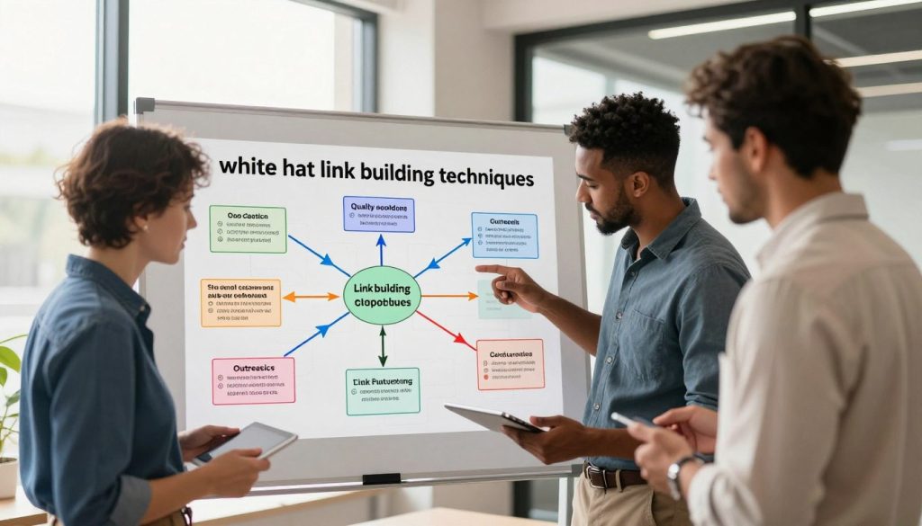 A vibrant, visually engaging scene depicting "white hat link building techniques" in a modern office environment. In the foreground, a diverse group of three professionals - two men and one woman, dressed in smart casual attire - are collaboratively discussing and analyzing a colorful flowchart about link building strategies on a digital tablet. In the middle ground, a large whiteboard filled with diagrams and notes related to SEO strategies, showcasing elements like quality content and outreach tactics. The background features large windows that allow warm, natural light to fill the room, creating an inviting atmosphere. Soft shadows add depth, while the overall mood conveys teamwork and innovation in a professional setting, emphasizing the importance of ethical link building practices. A vibrant, visually engaging scene depicting "white hat link building techniques" in a modern office environment. In the foreground, a diverse group of three professionals - two men and one woman, dressed in smart casual attire - are collaboratively discussing and analyzing a colorful flowchart about link building strategies on a digital tablet. In the middle ground, a large whiteboard filled with diagrams and notes related to SEO strategies, showcasing elements like quality content and outreach tactics. The background features large windows that allow warm, natural light to fill the room, creating an inviting atmosphere. Soft shadows add depth, while the overall mood conveys teamwork and innovation in a professional setting, emphasizing the importance of ethical link building practices.