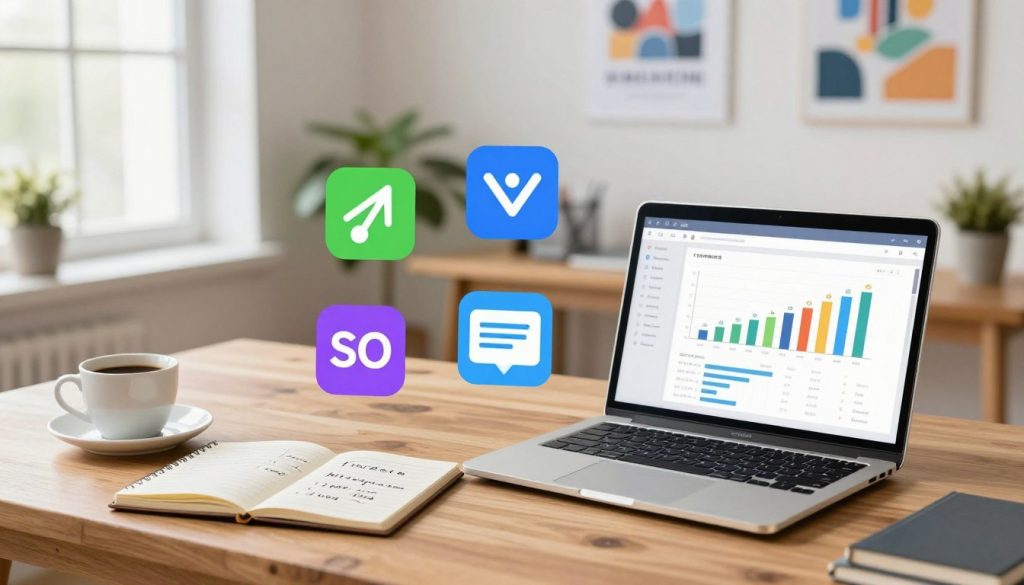 A visually appealing and informative workspace depicting essential on-page SEO tools laid out on a wooden desk. In the foreground, include a sleek laptop displaying graphs and analytics to symbolize digital analysis. Beside it, a notepad with handwritten notes on SEO strategies and a cup of coffee for a productive atmosphere. In the middle ground, feature a collection of colorful SEO tool icons like keyword analyzers, meta tag generators, and website audit tools artistically arranged. The background should be softly blurred to reveal a bright, organized office space with motivational posters and potted plants, evoking a feeling of inspiration and focus. Use natural lighting from a nearby window to create a warm, inviting atmosphere. The composition should convey professionalism and the importance of having the right tools for on-page SEO success. A visually appealing and informative workspace depicting essential on-page SEO tools laid out on a wooden desk. In the foreground, include a sleek laptop displaying graphs and analytics to symbolize digital analysis. Beside it, a notepad with handwritten notes on SEO strategies and a cup of coffee for a productive atmosphere. In the middle ground, feature a collection of colorful SEO tool icons like keyword analyzers, meta tag generators, and website audit tools artistically arranged. The background should be softly blurred to reveal a bright, organized office space with motivational posters and potted plants, evoking a feeling of inspiration and focus. Use natural lighting from a nearby window to create a warm, inviting atmosphere. The composition should convey professionalism and the importance of having the right tools for on-page SEO success.