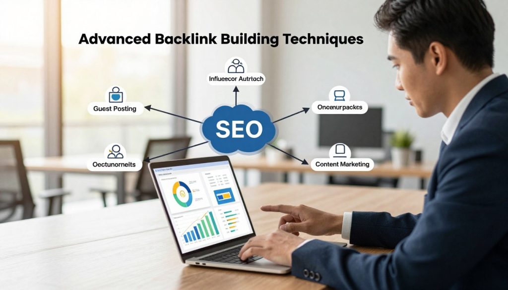 A visually engaging and informative illustration of "Advanced Backlink Building Techniques". In the foreground, depict a professional business person in smart attire, focused on a laptop, analyzing data and graphs representing backlink analytics. In the middle ground, illustrate interconnected charts, showcasing various backlink strategies like guest posting, influencer outreach, and content marketing. Incorporate digital elements, such as arrows and icons that signify linking and networking. The background should feature a modern office environment with soft, natural lighting flowing through large windows, casting a warm ambiance. The overall mood should be one of innovation and professionalism, emphasizing a forward-thinking approach to SEO and digital marketing. Use a clear perspective, capturing a slight overhead angle to enhance the complexity of the relationships depicted in the image. A visually engaging and informative illustration of "Advanced Backlink Building Techniques". In the foreground, depict a professional business person in smart attire, focused on a laptop, analyzing data and graphs representing backlink analytics. In the middle ground, illustrate interconnected charts, showcasing various backlink strategies like guest posting, influencer outreach, and content marketing. Incorporate digital elements, such as arrows and icons that signify linking and networking. The background should feature a modern office environment with soft, natural lighting flowing through large windows, casting a warm ambiance. The overall mood should be one of innovation and professionalism, emphasizing a forward-thinking approach to SEO and digital marketing. Use a clear perspective, capturing a slight overhead angle to enhance the complexity of the relationships depicted in the image.