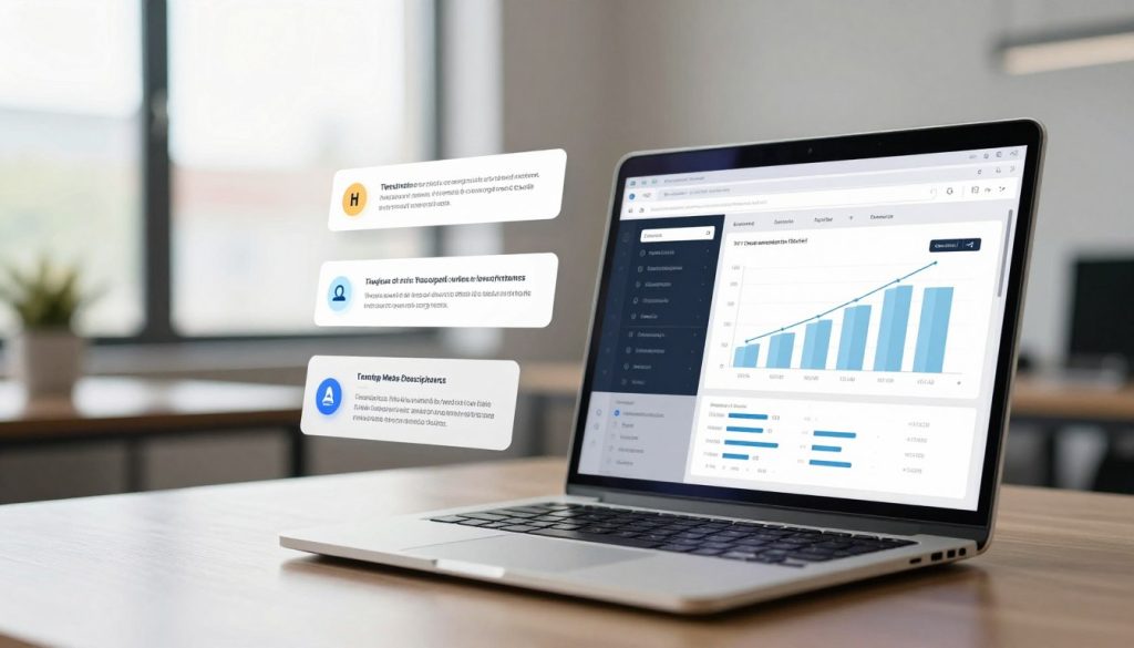 A visually engaging digital composition showcasing best practices for writing meta descriptions that enhance click-through rates. In the foreground, illustrate a sleek laptop open with an SEO dashboard displayed, featuring graphs and metrics indicating high performance. The middle layer includes floating elements like keyword highlights, attractive snippets of meta descriptions, and icons denoting user engagement. In the background, a blurred office environment with soft natural lighting streaming through a window creates a professional atmosphere. Capture an overall mood of productivity and creativity. Use a balanced depth of field with a slight bokeh effect, focusing on the laptop while subtly fading the background, making the composition feel modern and informative. A visually engaging digital composition showcasing best practices for writing meta descriptions that enhance click-through rates. In the foreground, illustrate a sleek laptop open with an SEO dashboard displayed, featuring graphs and metrics indicating high performance. The middle layer includes floating elements like keyword highlights, attractive snippets of meta descriptions, and icons denoting user engagement. In the background, a blurred office environment with soft natural lighting streaming through a window creates a professional atmosphere. Capture an overall mood of productivity and creativity. Use a balanced depth of field with a slight bokeh effect, focusing on the laptop while subtly fading the background, making the composition feel modern and informative.