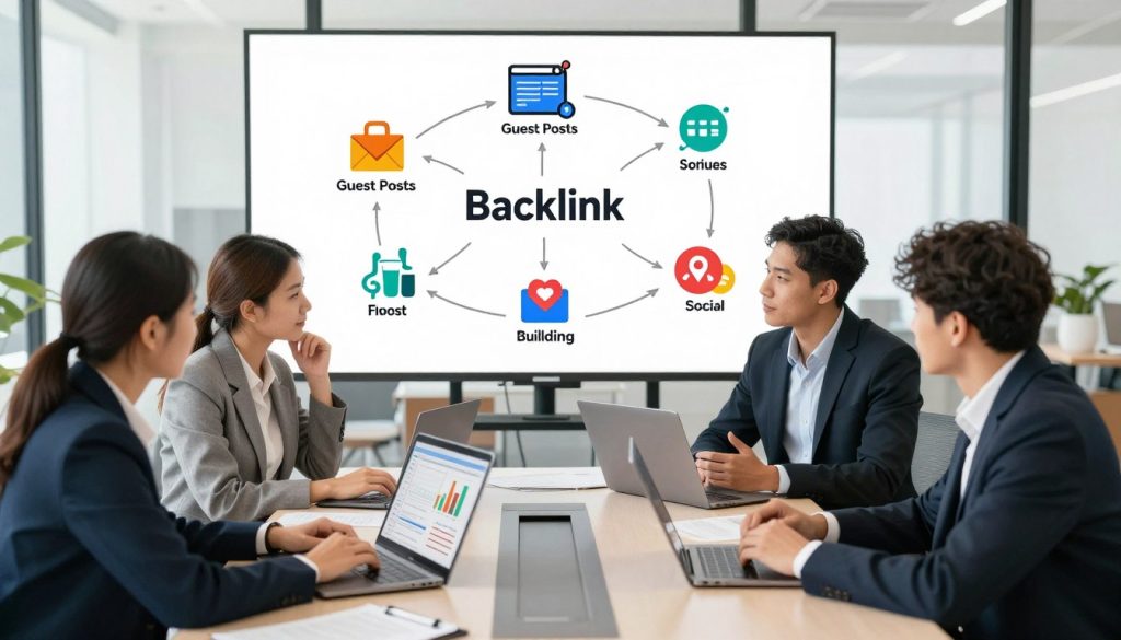 A visually engaging illustration of backlink building strategies in a professional setting. In the foreground, a diverse group of three professionals, dressed in business attire, collaborates around a sleek conference table with laptops open, displaying graphs and analytics. In the middle ground, an infographic-style chart depicting various backlink types like guest posts, forums, and social media icons flows creatively from the laptops, emphasizing teamwork and strategy. The background features a modern office environment, with large windows letting in soft natural light, creating an inviting atmosphere. Capture this scene from a slightly elevated angle, focusing on the interaction among the individuals and the illustrative border wrapping the infographic. The overall mood should convey collaboration, innovation, and the excitement of mastering SEO techniques. A visually engaging illustration of backlink building strategies in a professional setting. In the foreground, a diverse group of three professionals, dressed in business attire, collaborates around a sleek conference table with laptops open, displaying graphs and analytics. In the middle ground, an infographic-style chart depicting various backlink types like guest posts, forums, and social media icons flows creatively from the laptops, emphasizing teamwork and strategy. The background features a modern office environment, with large windows letting in soft natural light, creating an inviting atmosphere. Capture this scene from a slightly elevated angle, focusing on the interaction among the individuals and the illustrative border wrapping the infographic. The overall mood should convey collaboration, innovation, and the excitement of mastering SEO techniques.