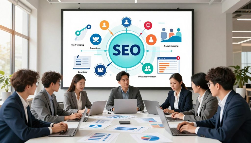 A visually engaging illustration of off-page SEO techniques, featuring a professional digital marketing environment. In the foreground, diverse business professionals, dressed in smart business attire, are brainstorming around a large table filled with laptops, charts, and graphics showcasing backlinks, social media icons, and website rankings. The middle ground showcases a large digital screen displaying a vibrant infographic illustrating various SEO techniques like guest blogging, social sharing, and influencer outreach. In the background, a modern office space with large windows letting in warm, natural light, creating an inspiring atmosphere. The scene captures teamwork and innovation, emphasizing the importance of collaboration in successful off-page SEO strategies. The overall mood is optimistic and professional, with a focus on creativity and effectiveness in digital marketing. A visually engaging illustration of off-page SEO techniques, featuring a professional digital marketing environment. In the foreground, diverse business professionals, dressed in smart business attire, are brainstorming around a large table filled with laptops, charts, and graphics showcasing backlinks, social media icons, and website rankings. The middle ground showcases a large digital screen displaying a vibrant infographic illustrating various SEO techniques like guest blogging, social sharing, and influencer outreach. In the background, a modern office space with large windows letting in warm, natural light, creating an inspiring atmosphere. The scene captures teamwork and innovation, emphasizing the importance of collaboration in successful off-page SEO strategies. The overall mood is optimistic and professional, with a focus on creativity and effectiveness in digital marketing.