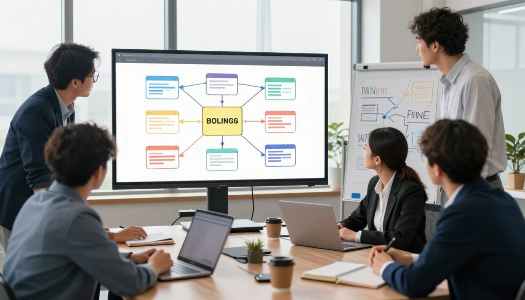 A visually engaging scene depicting an internal linking strategy for a digital marketing article. In the foreground, a diverse team of professionals in business attire huddles around a large digital screen displaying a colorful flowchart of interconnected website pages and links. In the middle, office elements like laptops, notebooks, and coffee cups create a productive workspace atmosphere, while a whiteboard filled with ideas and diagrams stands nearby. The background features a modern office with large windows, allowing soft natural light to illuminate the scene, enhancing focus and creativity. The mood is collaborative and innovative, showcasing teamwork and strategic planning in a contemporary marketing environment. A visually engaging scene depicting an internal linking strategy for a digital marketing article. In the foreground, a diverse team of professionals in business attire huddles around a large digital screen displaying a colorful flowchart of interconnected website pages and links. In the middle, office elements like laptops, notebooks, and coffee cups create a productive workspace atmosphere, while a whiteboard filled with ideas and diagrams stands nearby. The background features a modern office with large windows, allowing soft natural light to illuminate the scene, enhancing focus and creativity. The mood is collaborative and innovative, showcasing teamwork and strategic planning in a contemporary marketing environment.