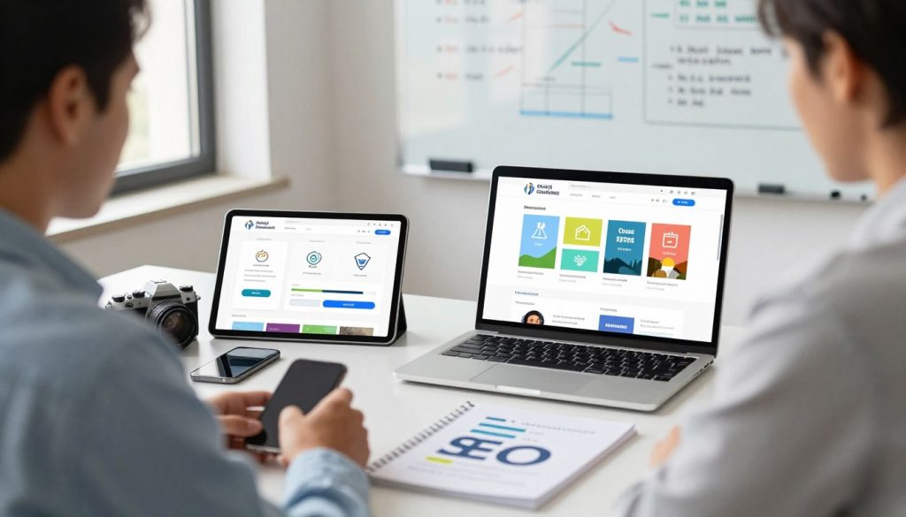 A well-lit office environment featuring a focused, professional individual sitting at a modern desk. In the foreground, a laptop screen displays colorful graphs illustrating image optimization techniques, with icons representing metadata, compression, and responsive design. On the desk, there are design tools like a camera, a mobile device, and an SEO booklet. In the middle, a digital tablet shows a mock-up of a mobile-optimized website, emphasizing clean layouts and fast-loading elements. The background includes a whiteboard filled with technical notes and diagrams about on-page SEO strategies. The atmosphere is one of productivity and foresight, with soft, natural light streaming through a window, creating an inviting yet professional ambiance. A well-lit office environment featuring a focused, professional individual sitting at a modern desk. In the foreground, a laptop screen displays colorful graphs illustrating image optimization techniques, with icons representing metadata, compression, and responsive design. On the desk, there are design tools like a camera, a mobile device, and an SEO booklet. In the middle, a digital tablet shows a mock-up of a mobile-optimized website, emphasizing clean layouts and fast-loading elements. The background includes a whiteboard filled with technical notes and diagrams about on-page SEO strategies. The atmosphere is one of productivity and foresight, with soft, natural light streaming through a window, creating an inviting yet professional ambiance.