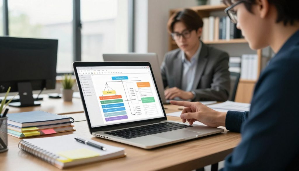 An organized workspace focused on content structure optimization. In the foreground, a sleek laptop displays a flowchart of content hierarchy, with colorful sections illustrating headings, subheadings, and bullet points. Beside it, neatly stacked notebooks and color-coded sticky notes provide a sense of planning. In the middle layer, a professional figure in business attire is reviewing the flowchart, having short brown hair and wearing glasses, with a focused expression of determination. The background features a modern office with large windows allowing natural light to flood in, and a bookshelf filled with SEO guides and resources. The overall mood is one of clarity, focus, and productivity, with soft lighting creating a warm atmosphere that inspires creativity and learning. An organized workspace focused on content structure optimization. In the foreground, a sleek laptop displays a flowchart of content hierarchy, with colorful sections illustrating headings, subheadings, and bullet points. Beside it, neatly stacked notebooks and color-coded sticky notes provide a sense of planning. In the middle layer, a professional figure in business attire is reviewing the flowchart, having short brown hair and wearing glasses, with a focused expression of determination. The background features a modern office with large windows allowing natural light to flood in, and a bookshelf filled with SEO guides and resources. The overall mood is one of clarity, focus, and productivity, with soft lighting creating a warm atmosphere that inspires creativity and learning.